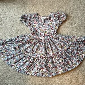 Janie and Jack White Floral Puff Sleeve Dress with Red, Yellow & Blue Flowers